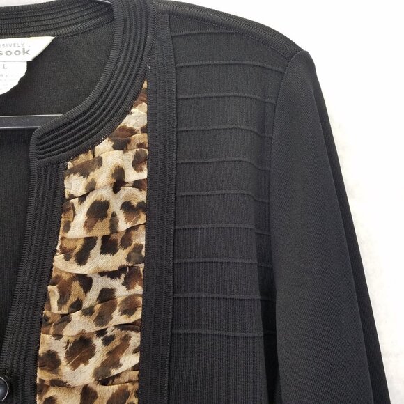 MISOOK Long Cardigan Jacket Women's L Black Leopard Trim Button Up Textured Knit - Picture 7 of 13